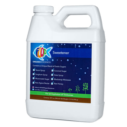 FOOP Sweetener bottle visualizes trichome explosion for resin development potential.
