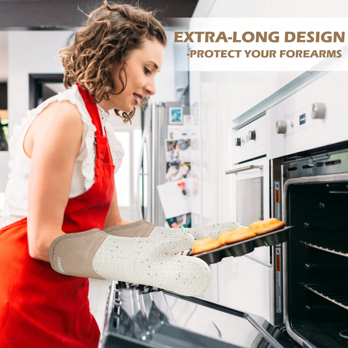 FORATER extended forearm coverage reduces burn risk when lifting heavy pots.