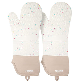FORATER extra-long silicone oven mitts guard forearms while handling hot pots and trays.