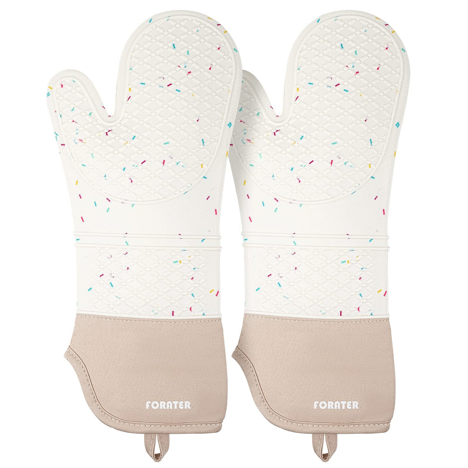 FORATER extra-long silicone oven mitts guard forearms while handling hot pots and trays.