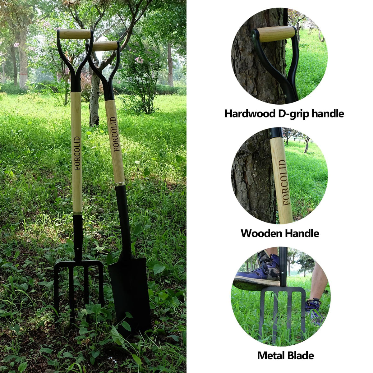 FORCOLID garden fork with wooden handle for comfortable grip.