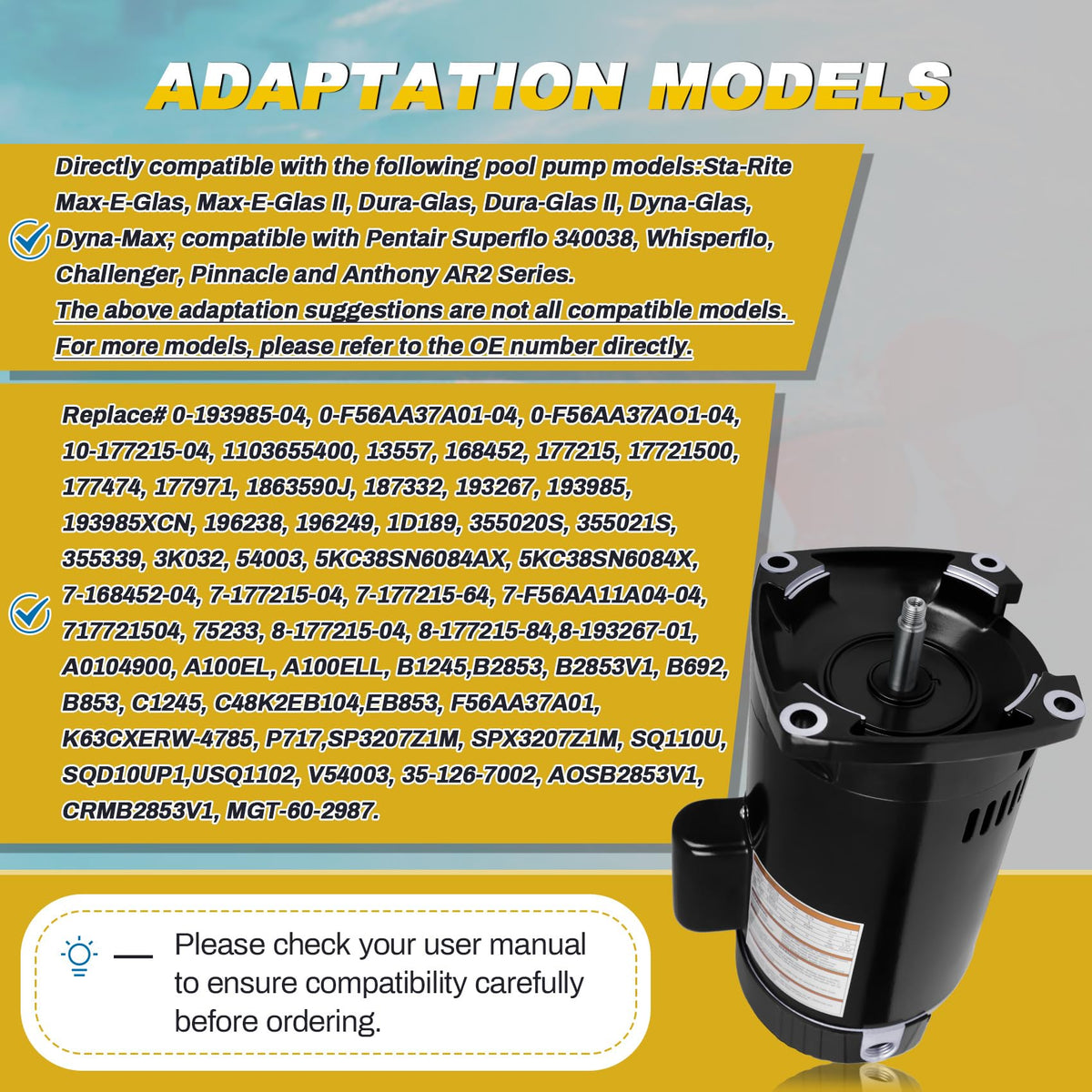 FOREBEN 1HP pool pump motor compatibility with Sta-Rite and Pentair models.