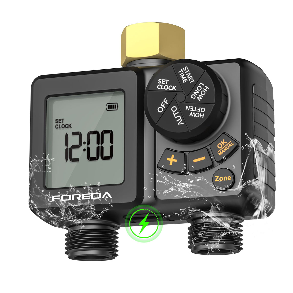 FOREDA 2-outlet water timer mounted on a faucet enables hands-free irrigation.