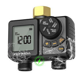 FOREDA 2-outlet water timer mounted on a faucet enables hands-free irrigation.