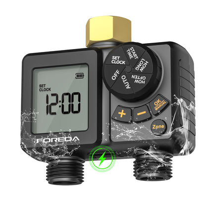 FOREDA 2-outlet water timer mounted on a faucet enables hands-free irrigation.