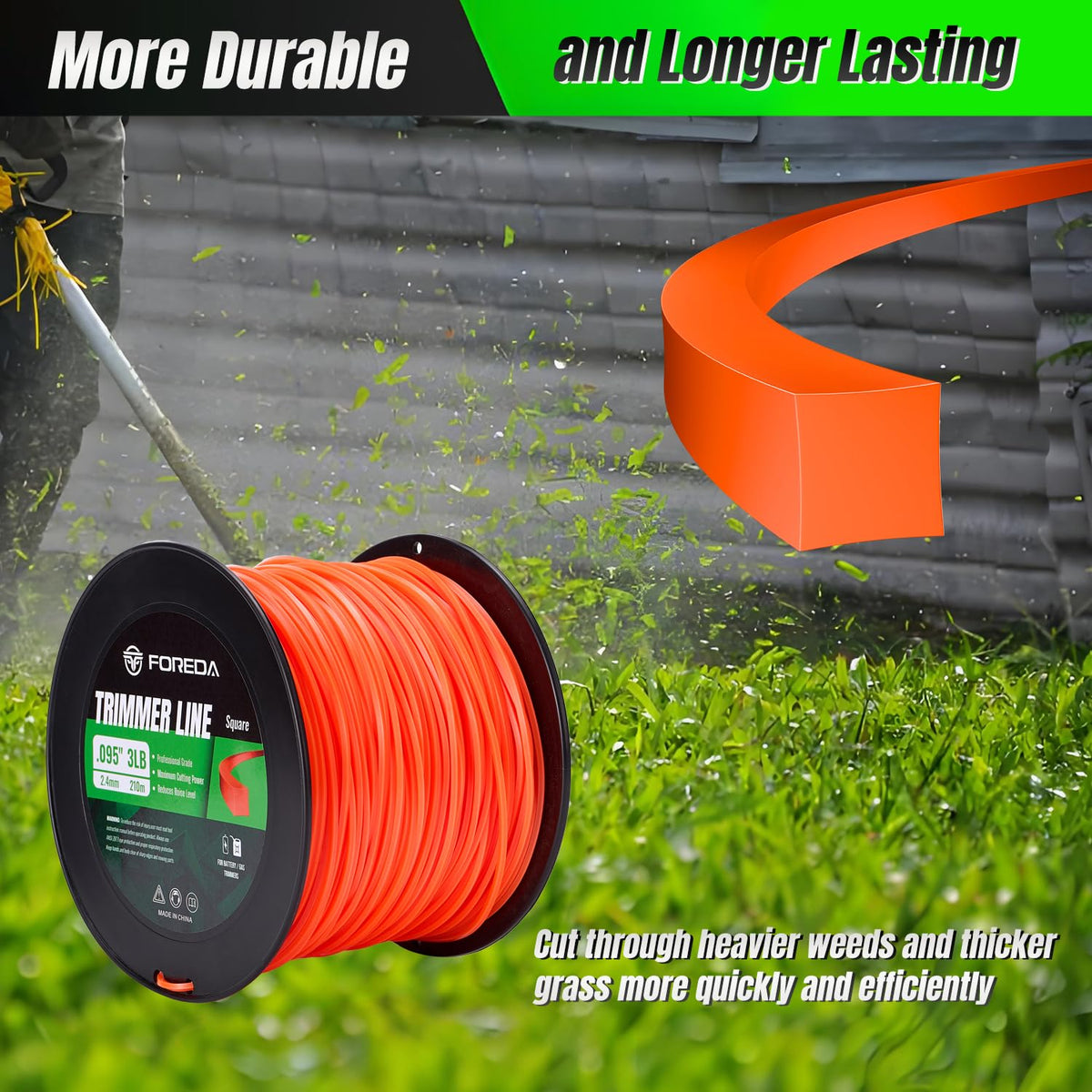 FOREDA durable weed eater string in action cutting tough weeds