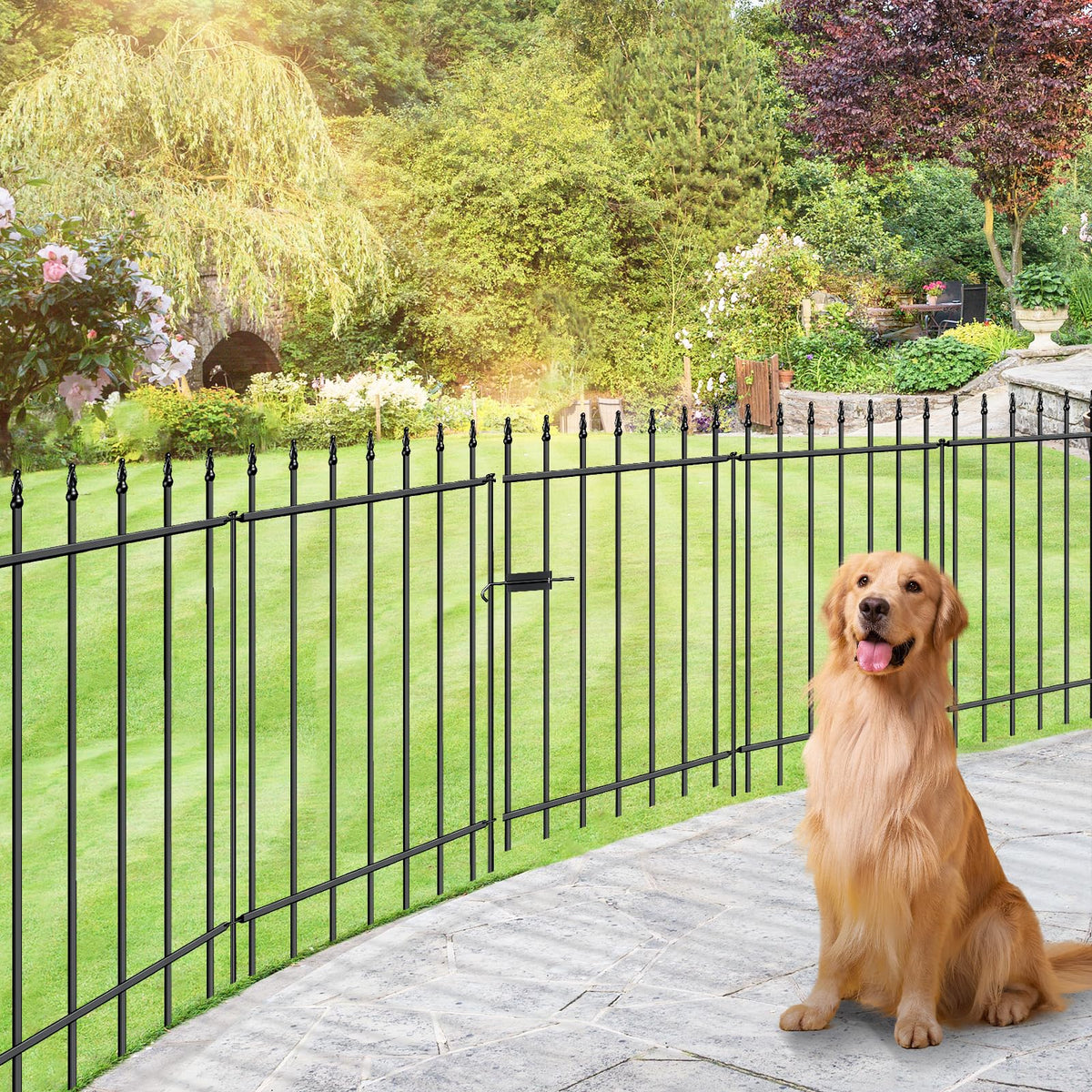 FOREHOGAR metal garden fence panels in line show a clean border for flower beds.