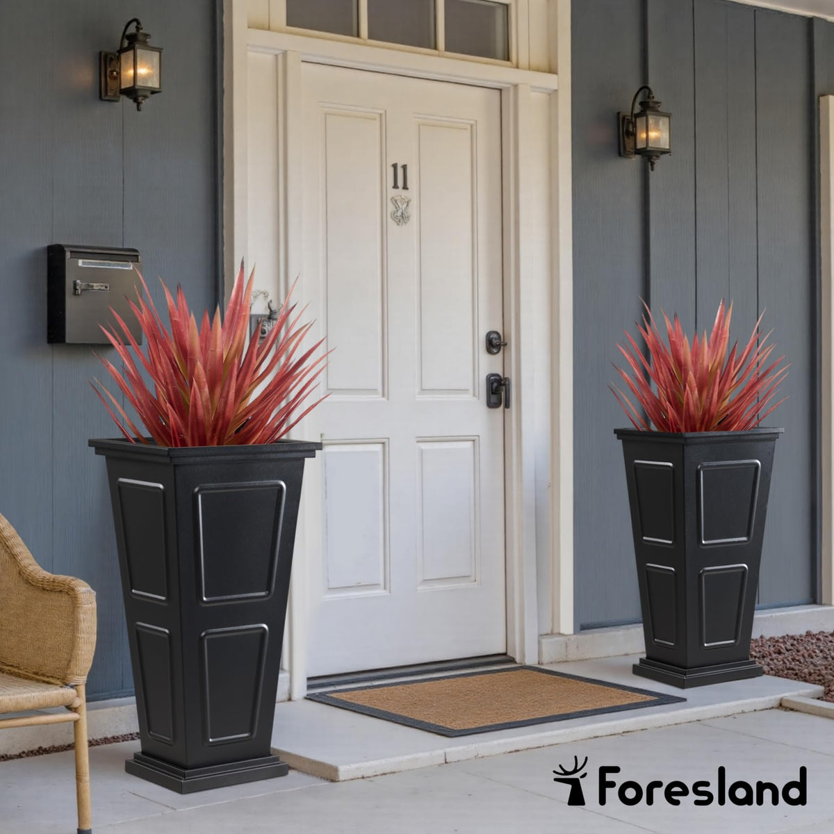 Foresland matching two-planter setup creates symmetrical porch arrangements