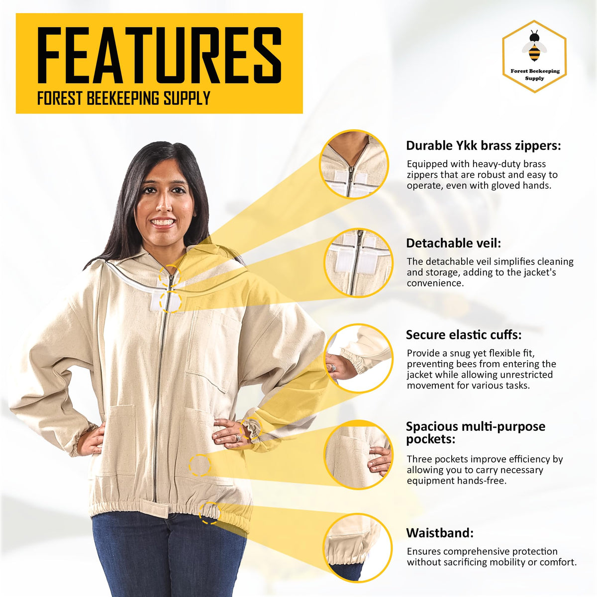 FOREST BEEKEEPING SUPPLY YKK zippers provide reliable closures and enhanced durability