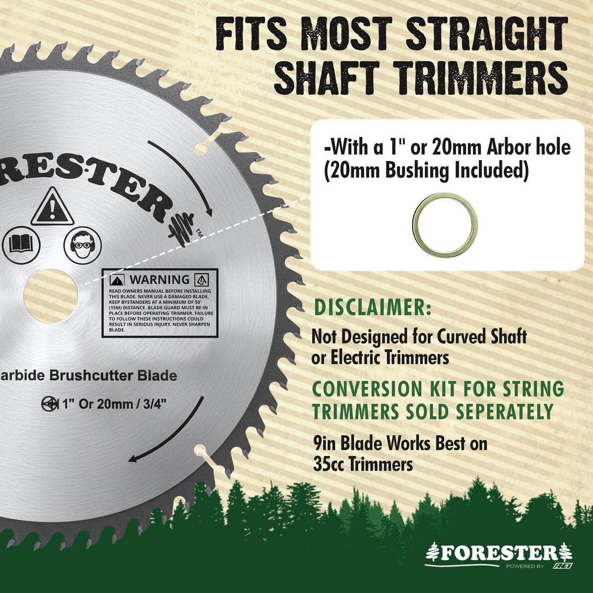 FORESTER brush cutter blade, arbor 1 inch, for versatile mounting.