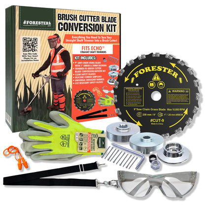 FORESTER brush cutter kit-assembly enables quick Echo trimmer upgrade for tougher brush and small trees