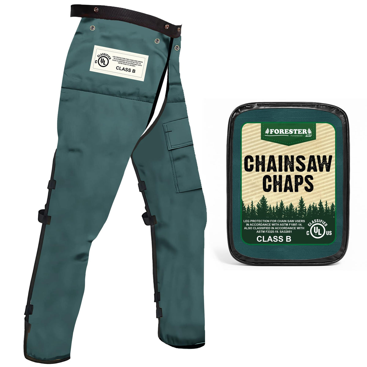 FORESTER chainsaw chaps with open-back apron style for quick on/off safety