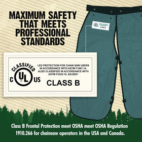 FORESTER chaps with length-adjusting flip belt for secure protection