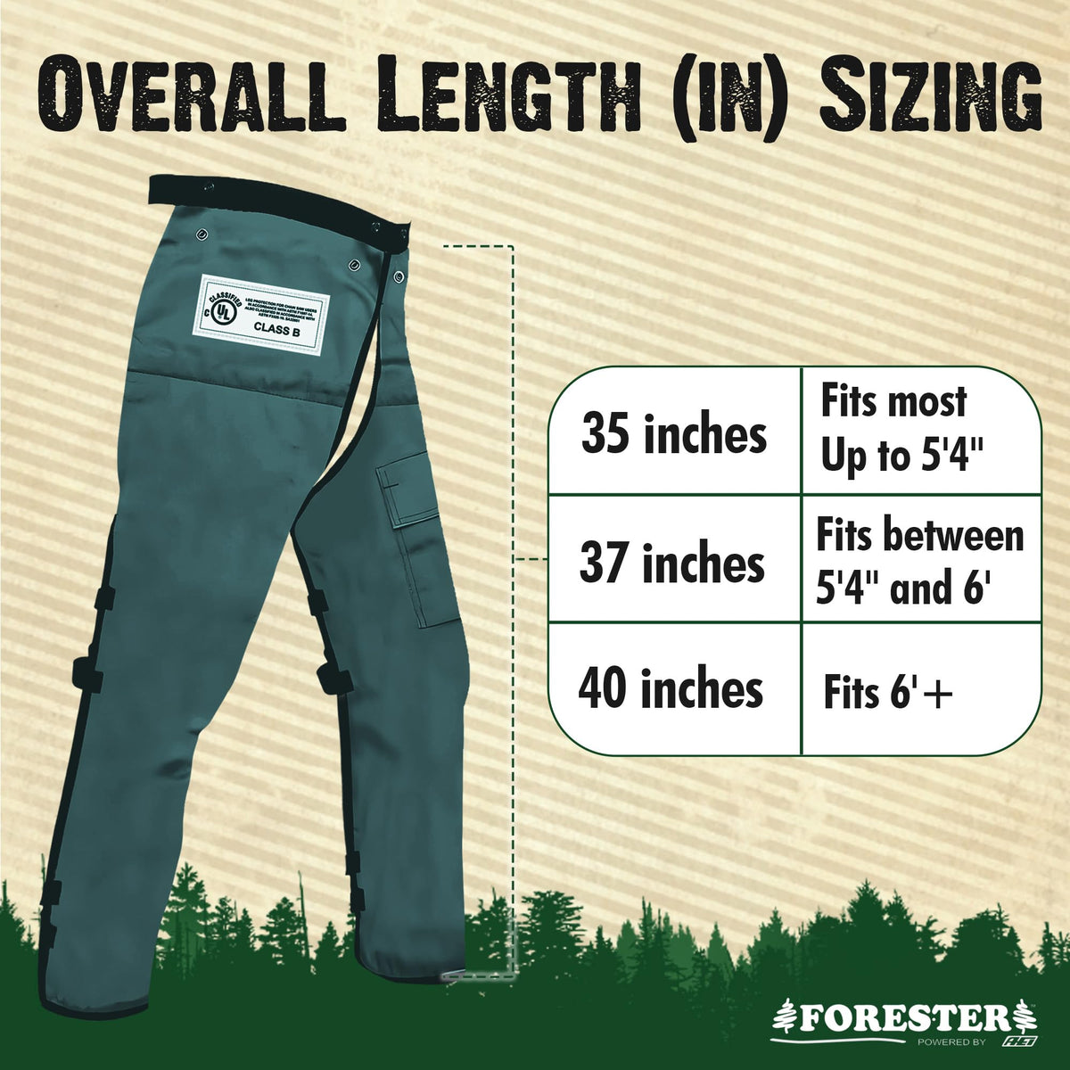 FORESTER chaps featuring a 6x6 inch pocket for field storage