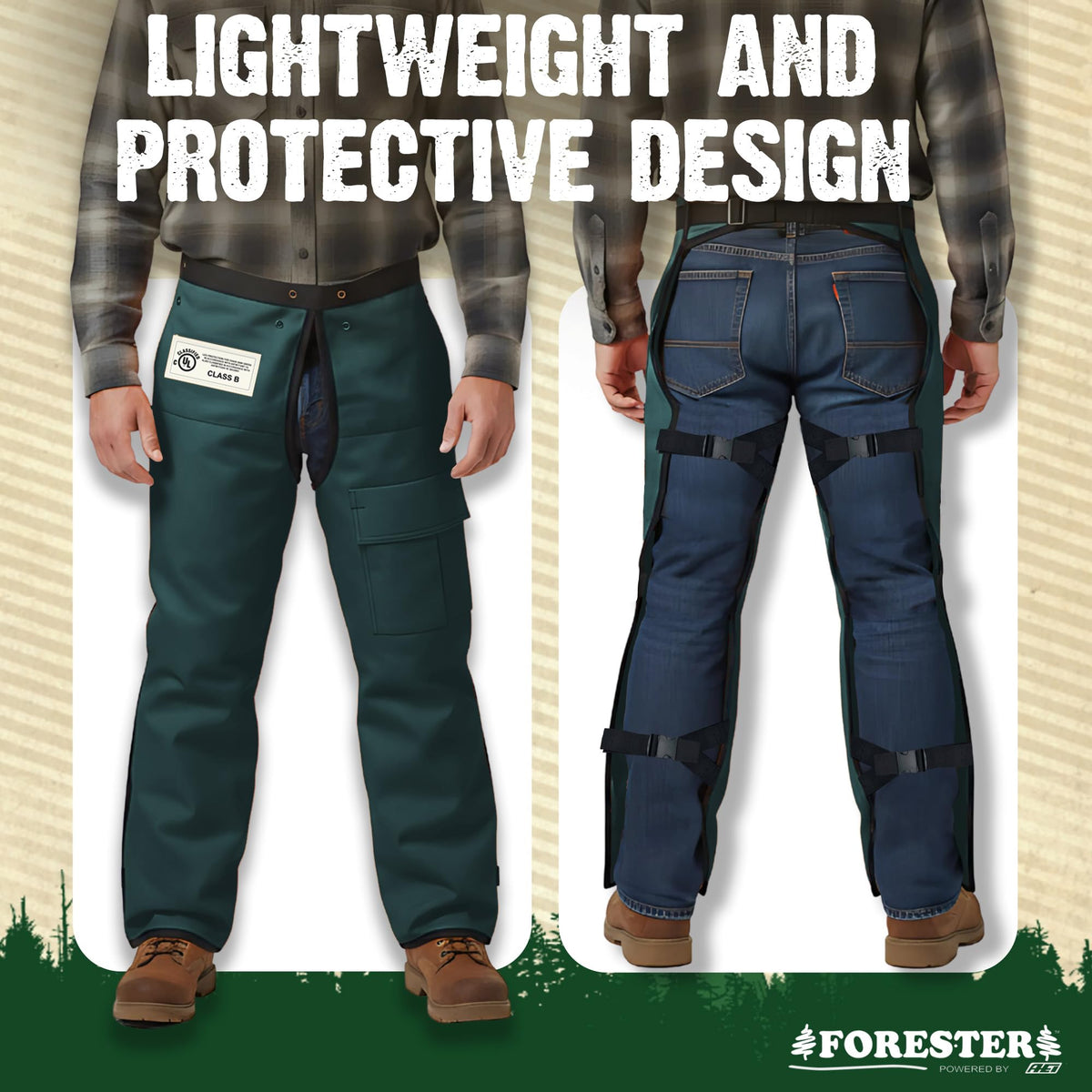 FORESTER chaps include a deep utility pocket for on-site tools