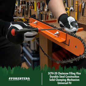 Forester filing vise mounted on a workbench provides stable support.