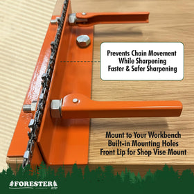 Forester filing vise features a quick-release clamp for fast setup.