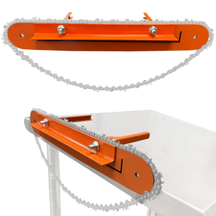 Forester chainsaw filing vise secures the bar for precise sharpening.