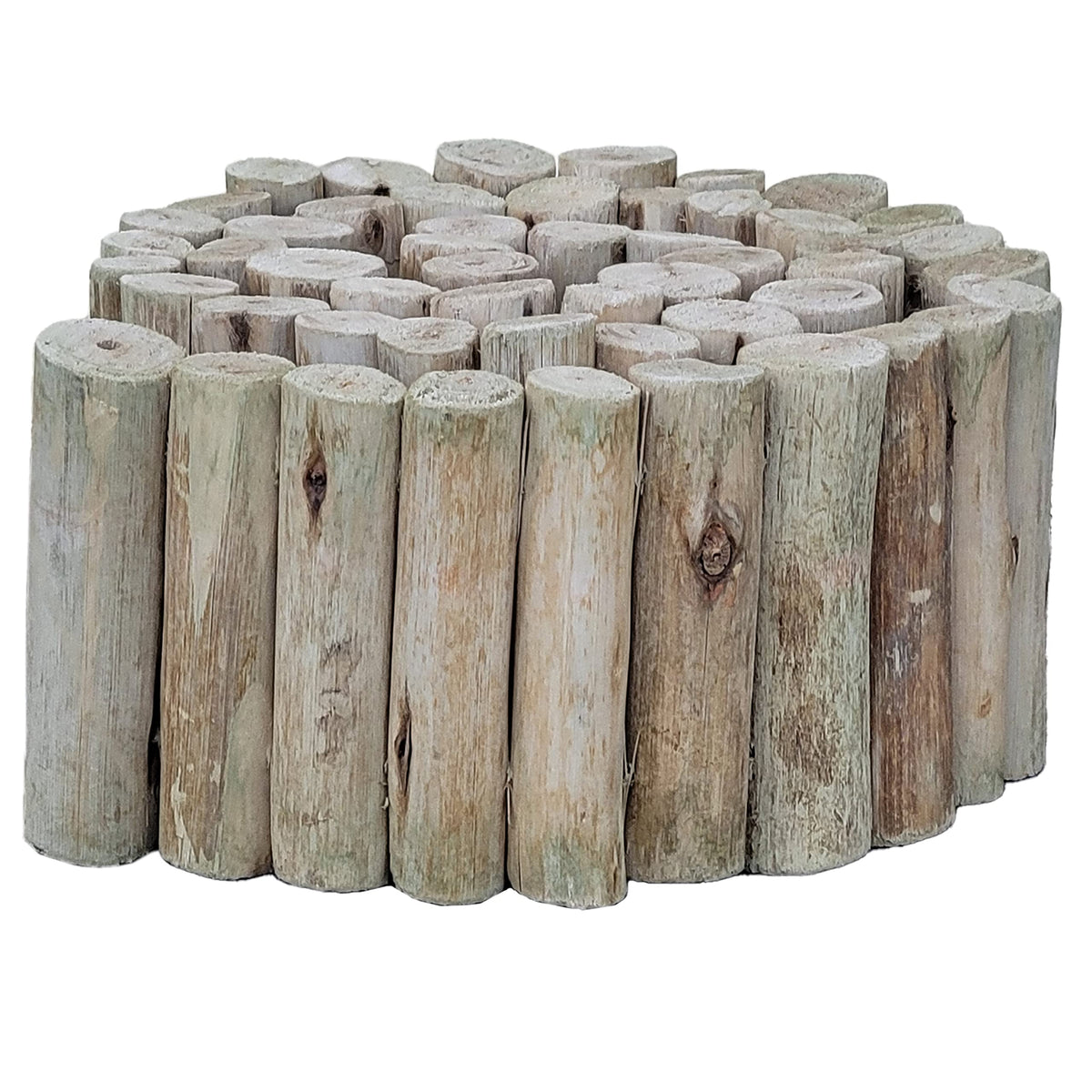 FOREVER BAMBOO eucalyptus log edging close-up showcases natural texture and color.