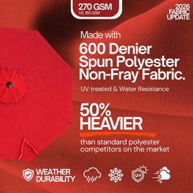 Formosa Covers water-repellent red canopy sheds rain effectively.