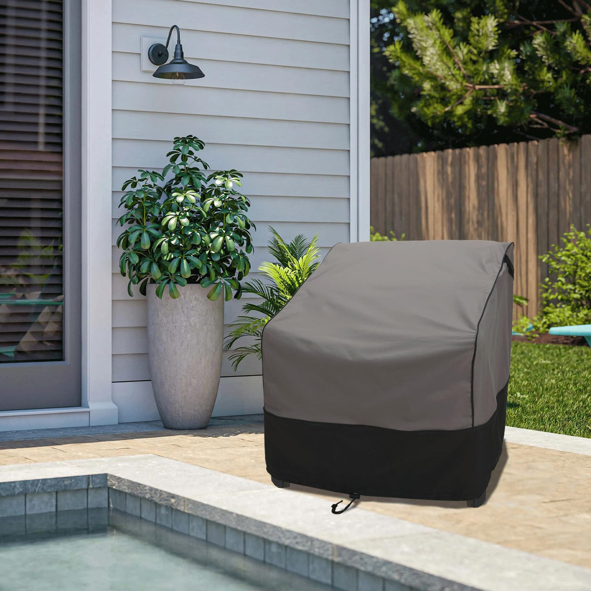 FORSPARK grey fabric blends with outdoor spaces while protecting furniture.
