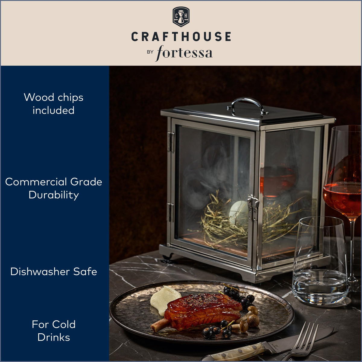 Fortessa Crafthouse smoker box with clear glass sides reveals the smoky process