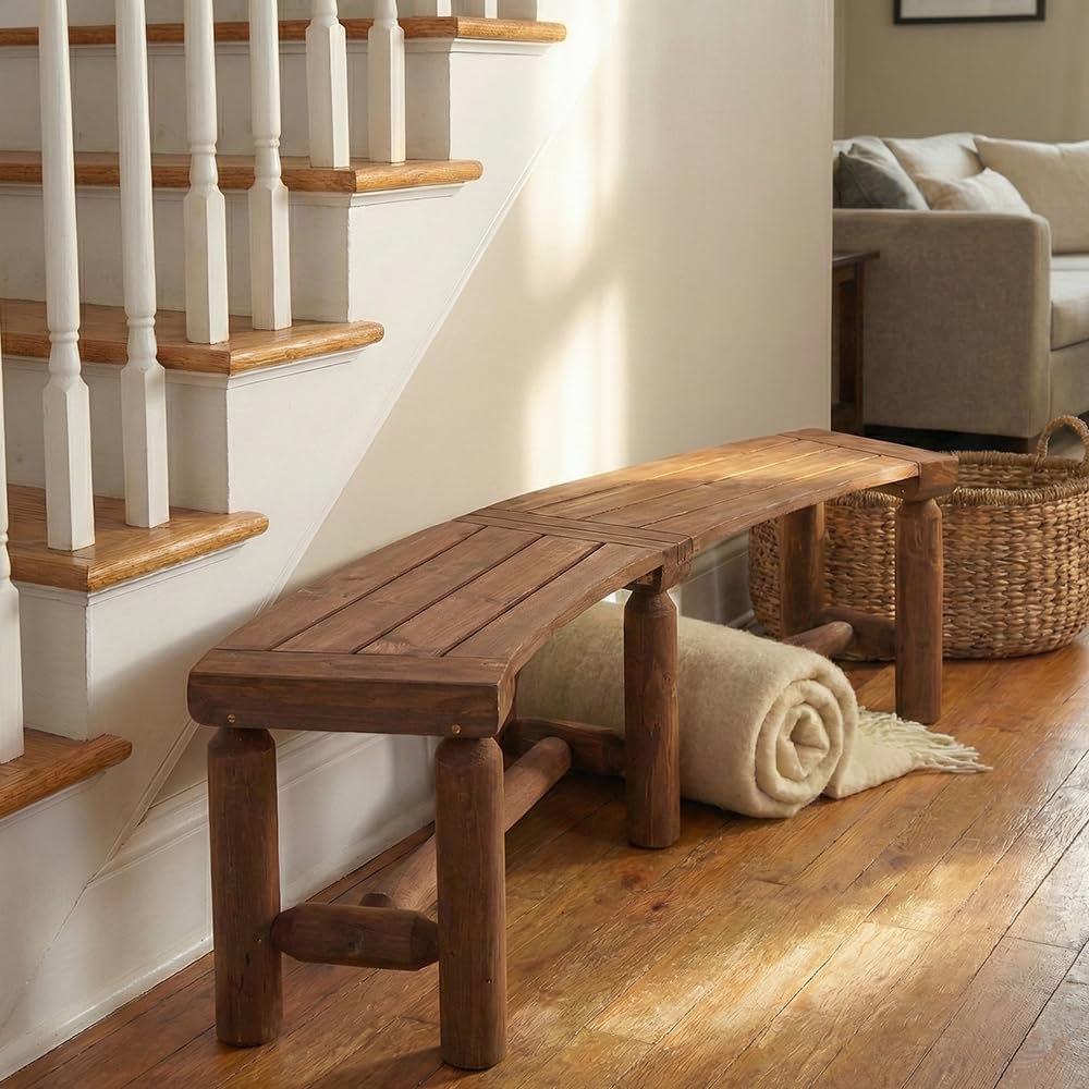 FORTUNO curved bench near a fire pit for cozy outdoor gatherings.