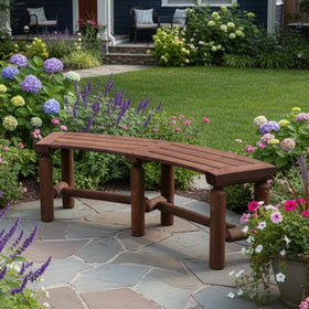 FORTUNO outdoor wooden bench curved backless seating for porch and outdoor ambiance.