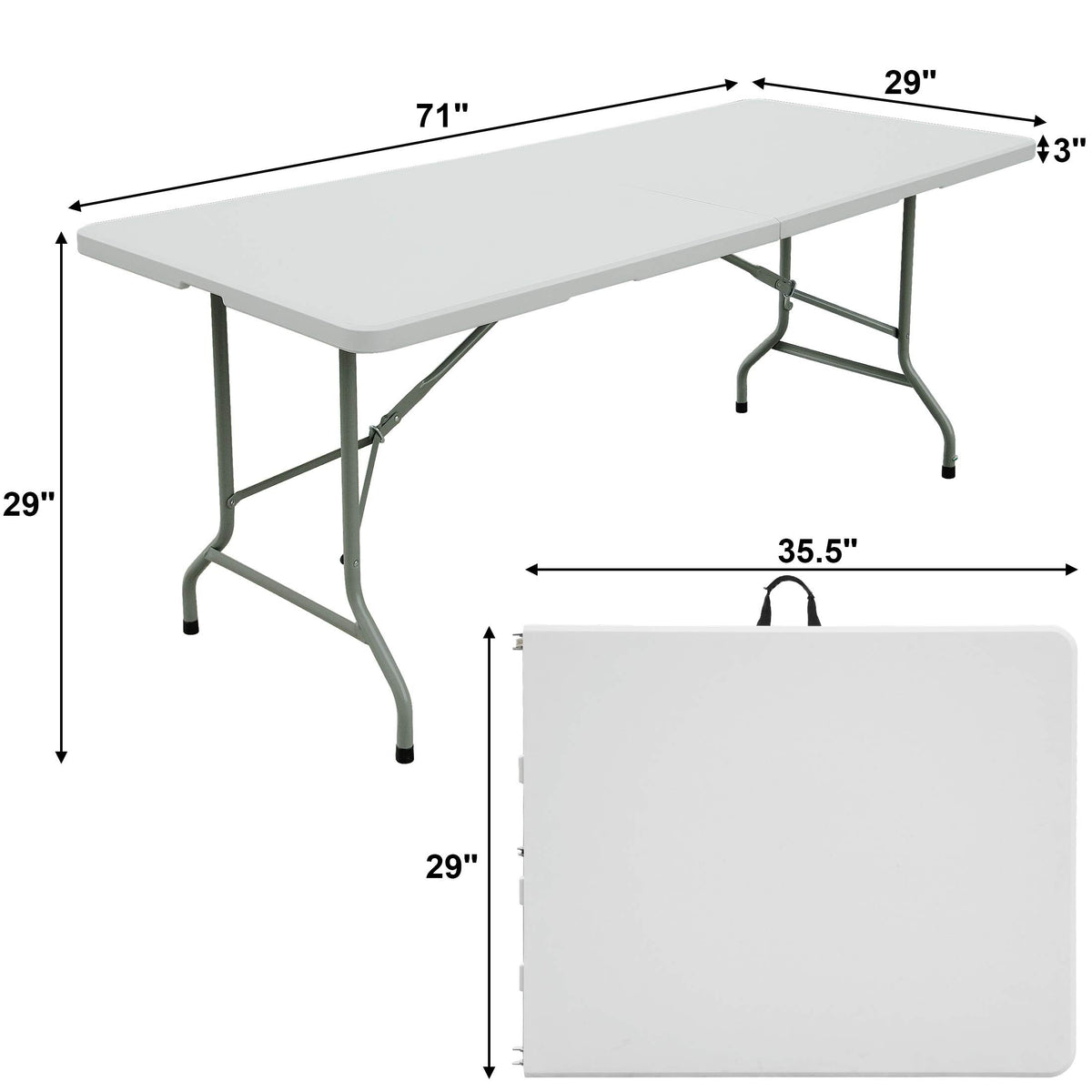 FORUP 6ft folding table folded for compact storage and transport