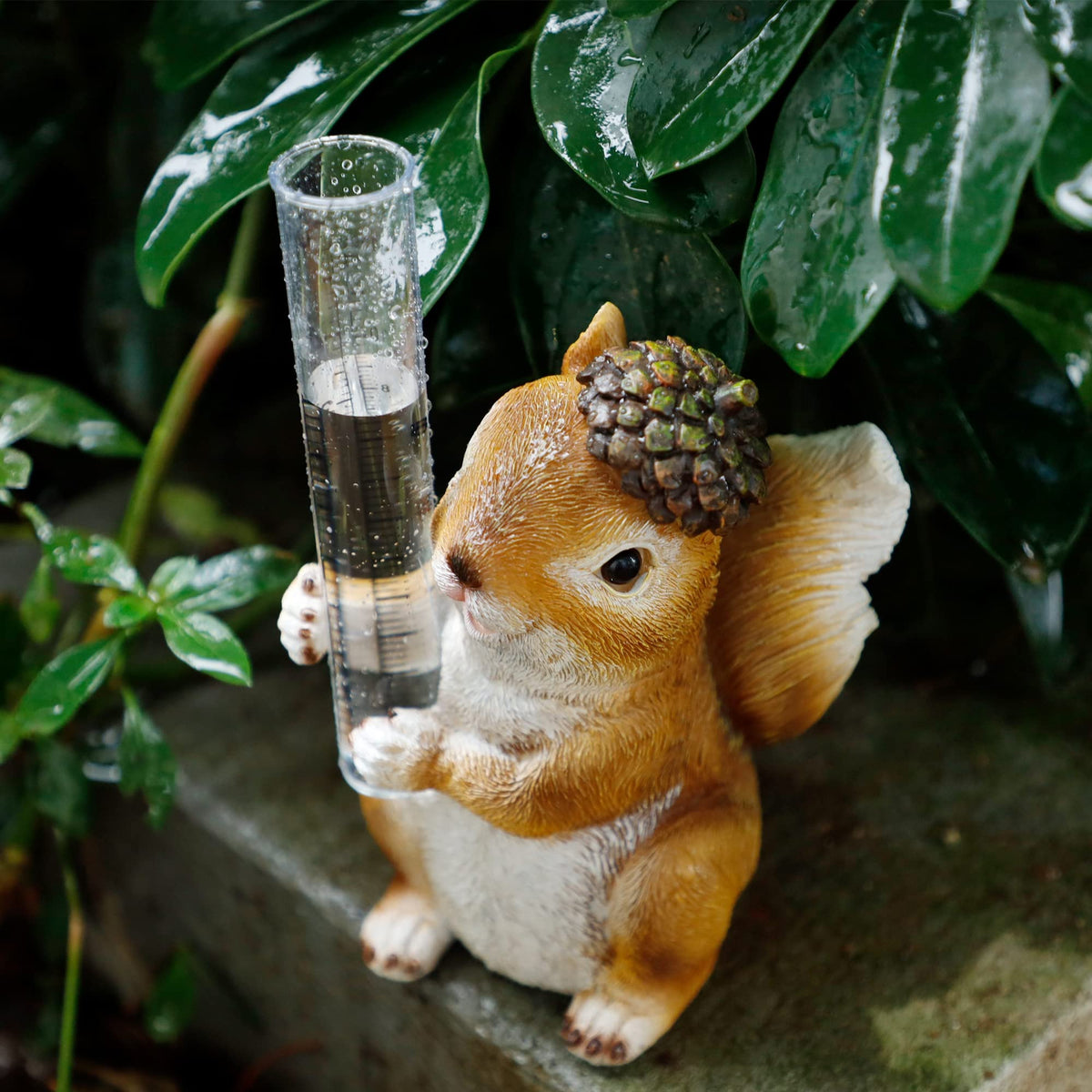 FORUP outdoor garden decor featuring a whimsical squirrel rain gauge