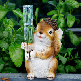 FORUP resin squirrel rain gauge with hand-painted finish measuring rainfall for garden planning