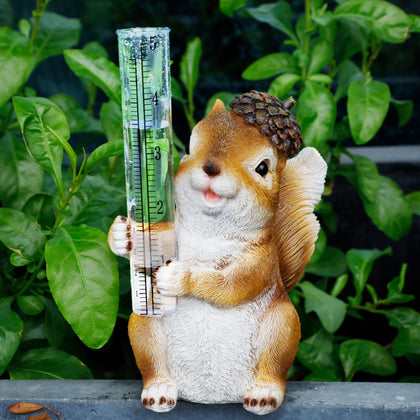 FORUP resin squirrel rain gauge with hand-painted finish measuring rainfall for garden planning