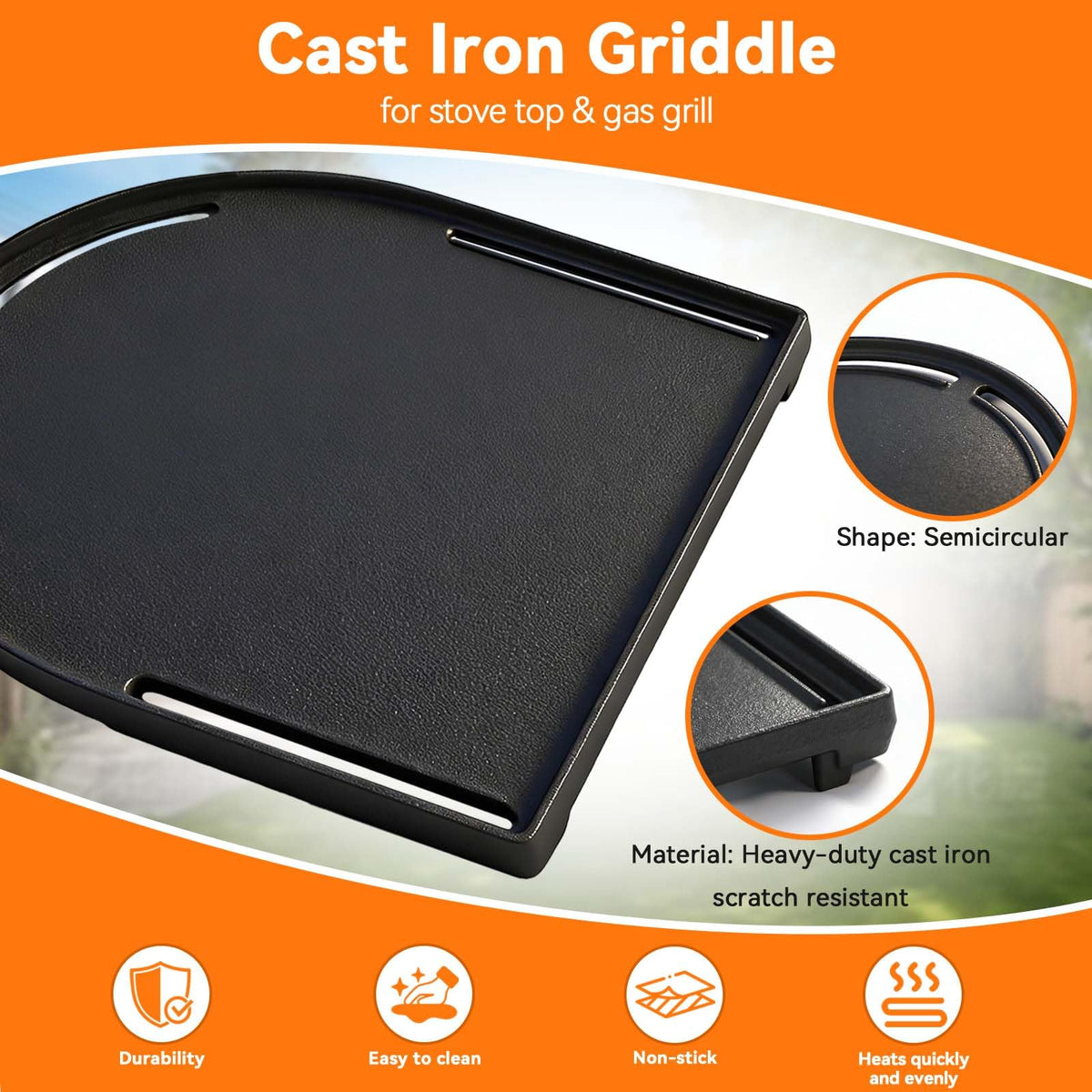 FORYEYC cast iron griddle cooking eggs evenly on grill.