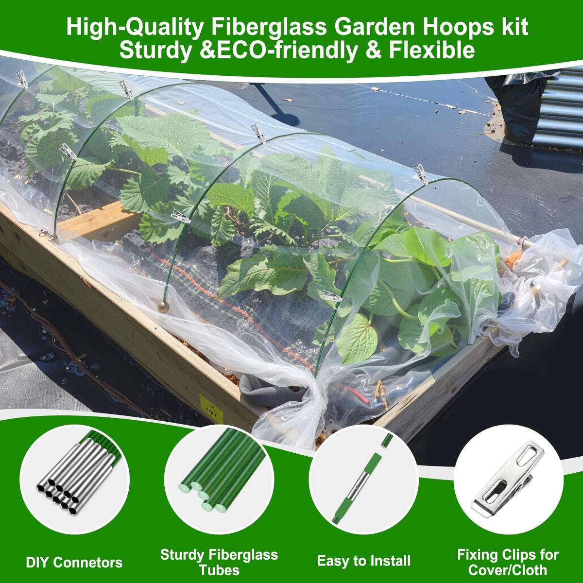 FOTMISHU rust-free fiberglass hoops provide durable garden support