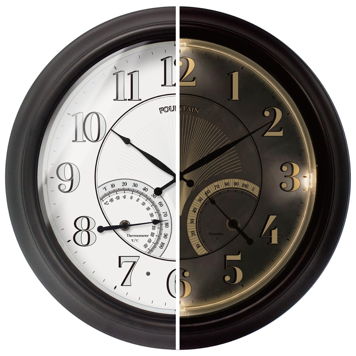 FOUNTAIN DESIGNS 18-inch illuminated outdoor clock with warm LED glow for patios