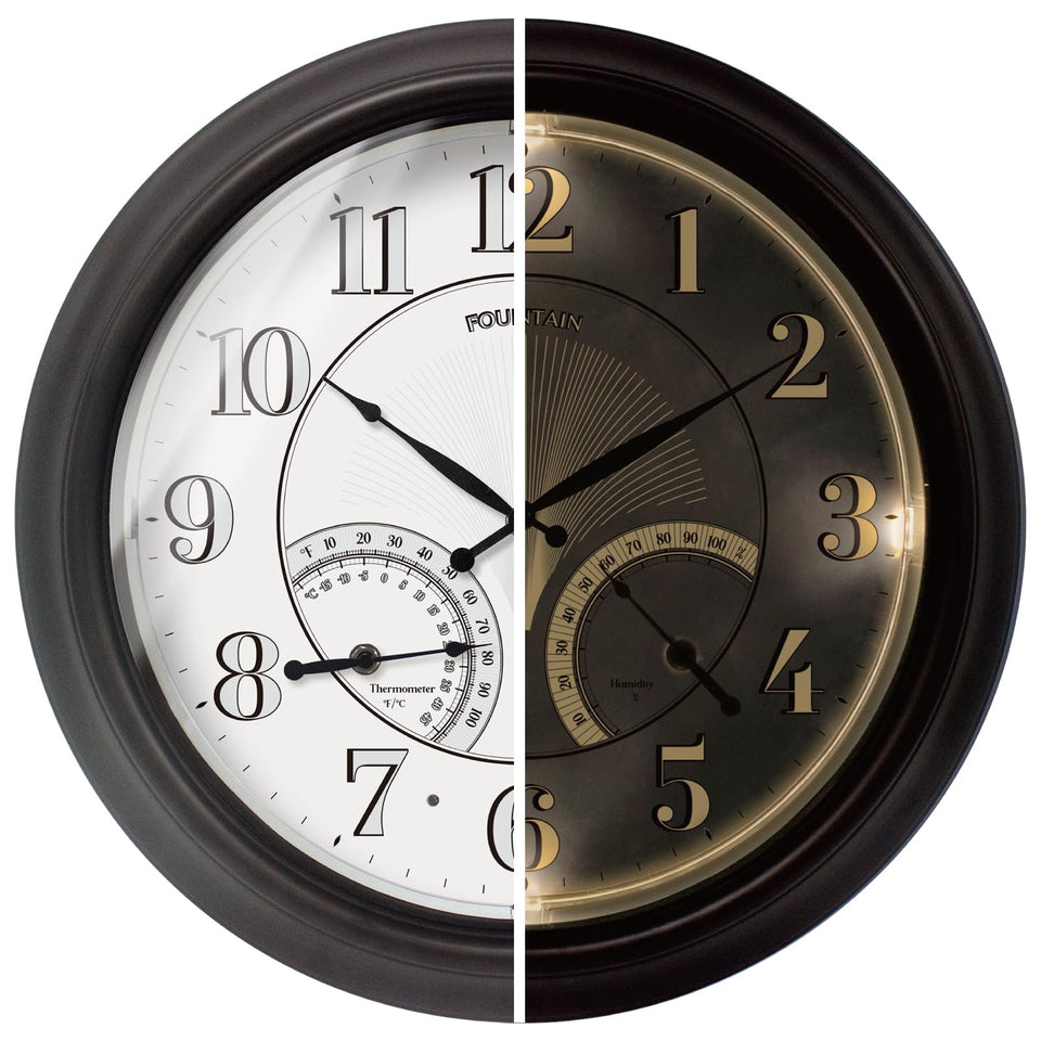 FOUNTAIN DESIGNS 18-inch illuminated outdoor clock with warm LED glow for patios