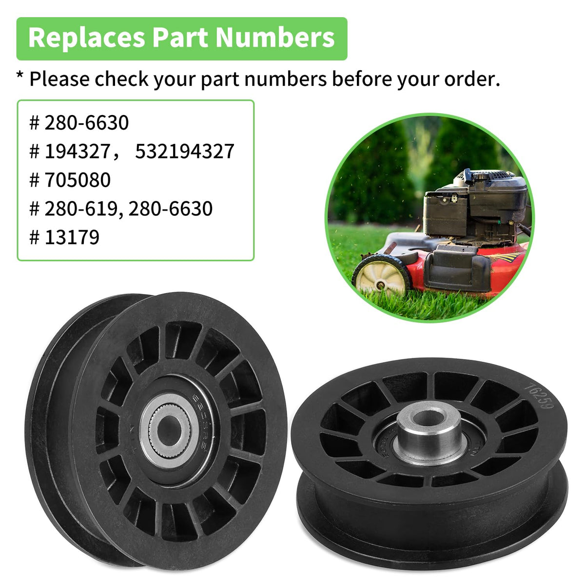 Two-pack of Fourtry idler pulleys for consistent belt tension on lawns