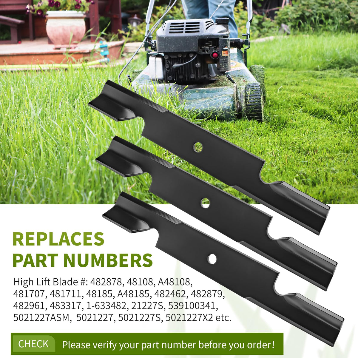 Fourtry 482878 high lift blades on a mower during operation