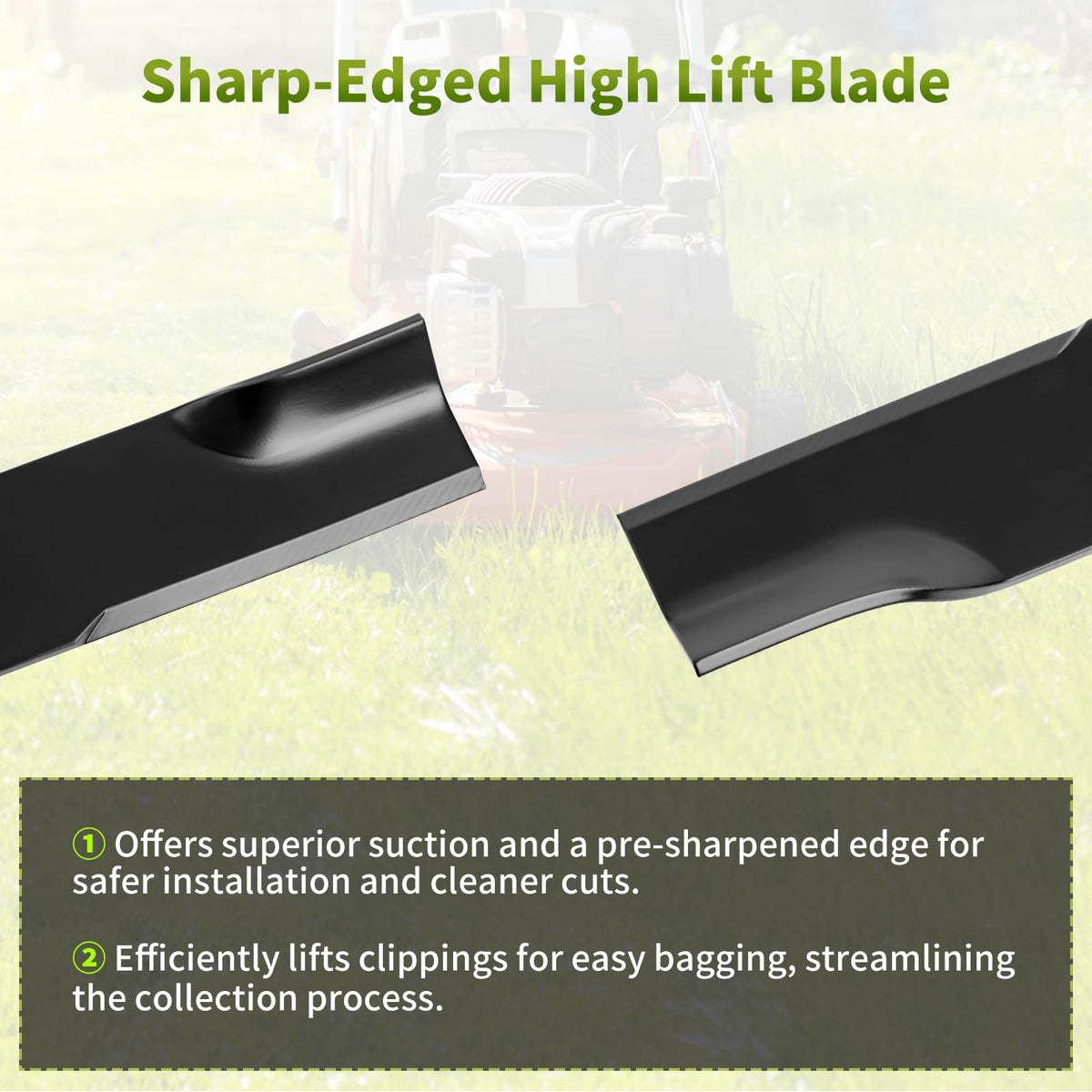 Three-pack Fourtry Hi Lift Blades ready for replacement on mower.