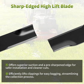 Three-pack Fourtry Hi Lift Blades ready for replacement on mower.