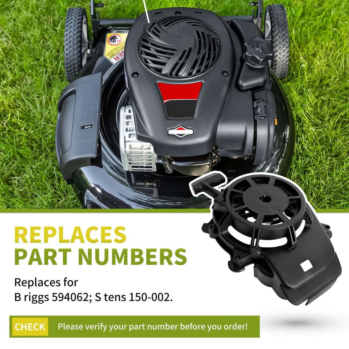 Fourtry 594062 pull start installed on a lawn mower engine.