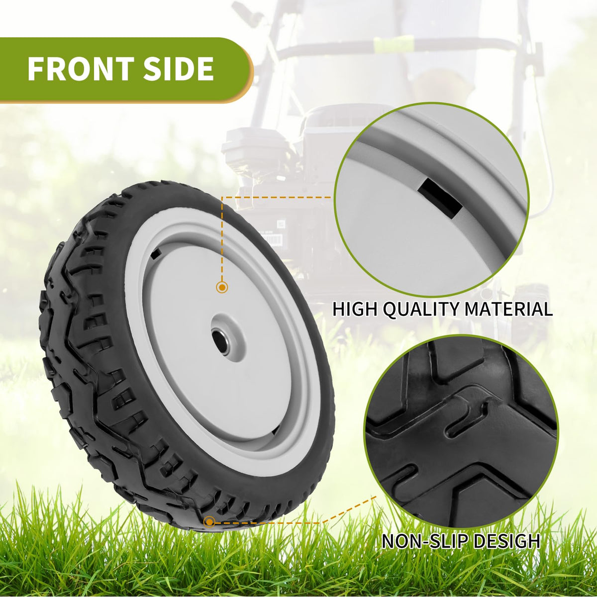 Fourtry 8x2 inch wheel assembly features a rubber tire and plastic hub for durability.