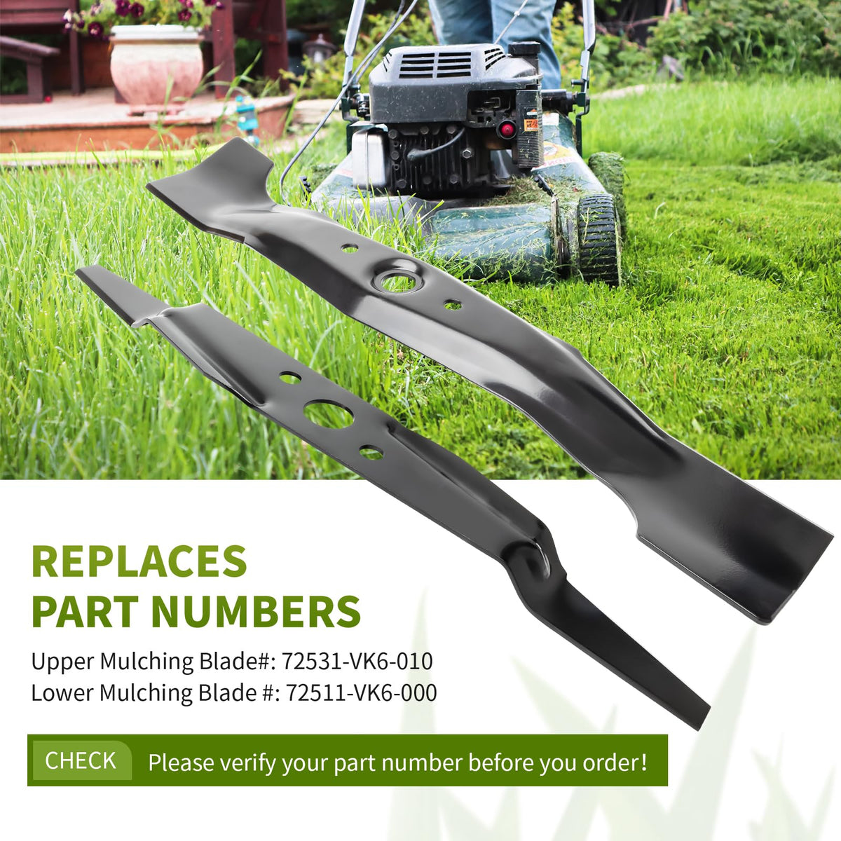Fourtry lower mulching blade 72511-VK6-000 for Honda HRC216K2/H3 reduces grass clumps.