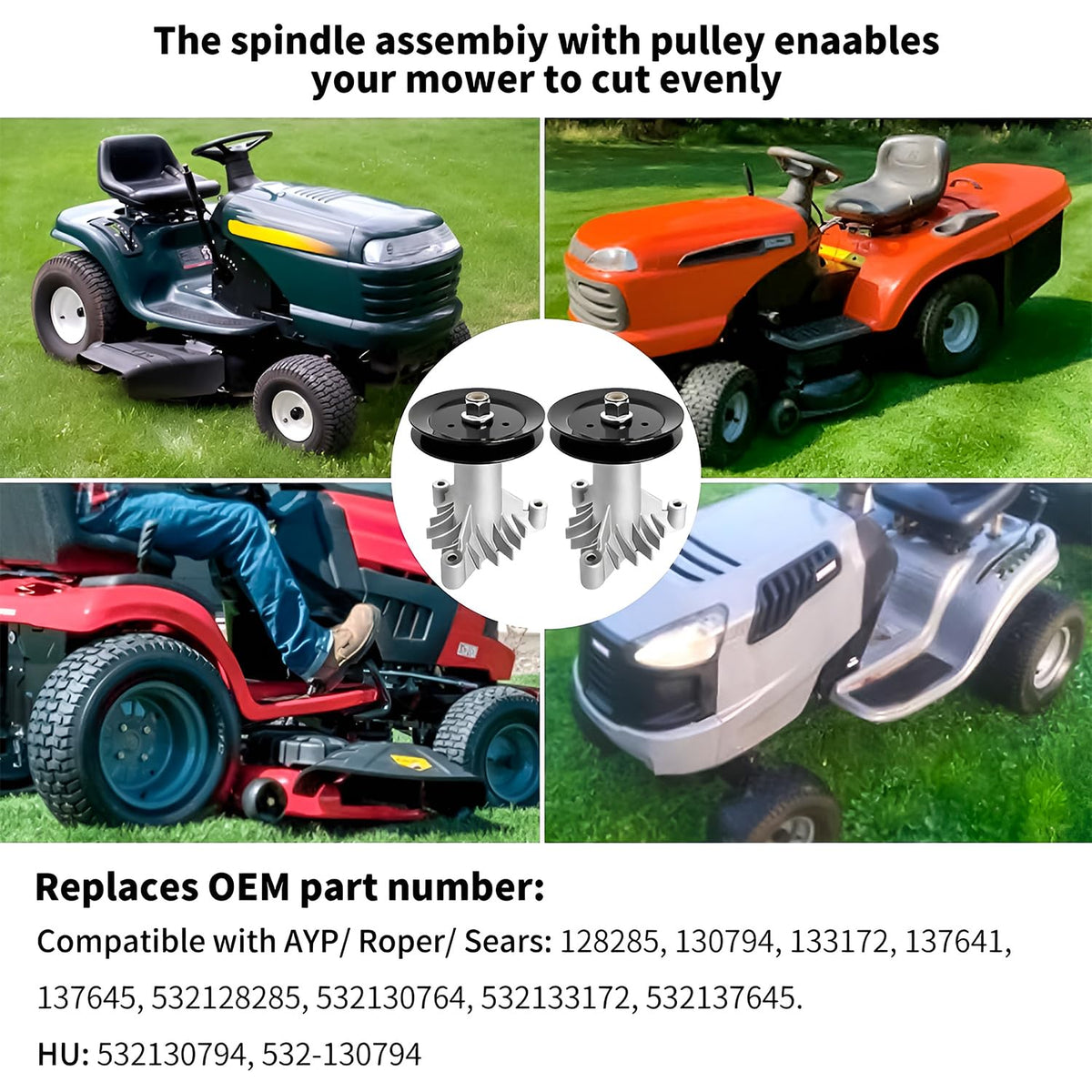 Fourtry pulley and spindle setup enables proper belt alignment on compatible tractors.