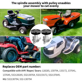 Fourtry pulley and spindle setup enables proper belt alignment on compatible tractors.