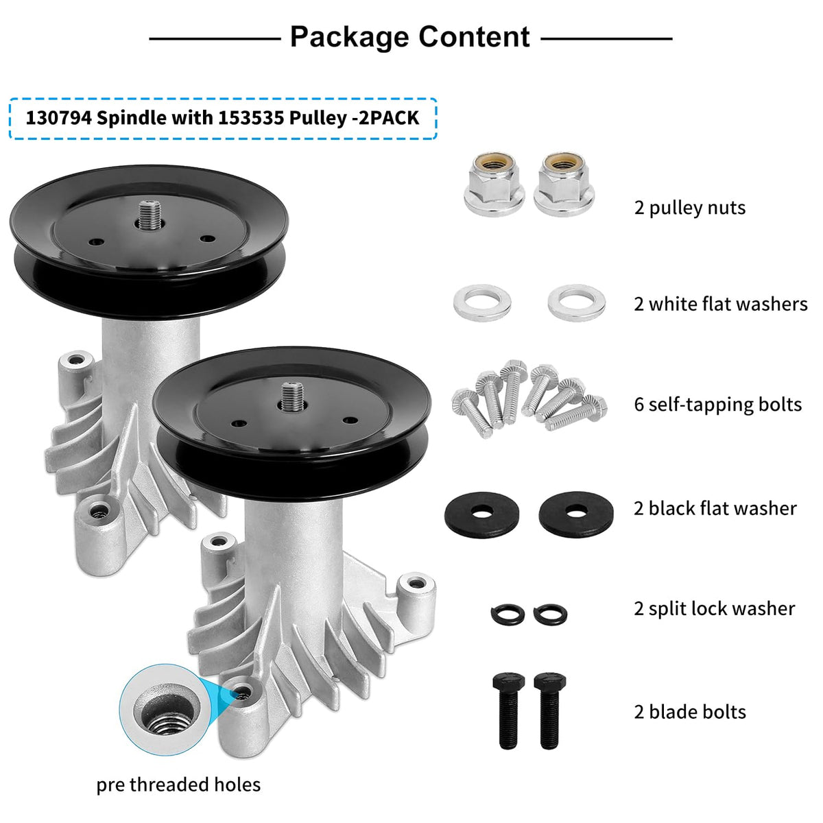 Fourtry spindle assembly mounting hardware included for quick, tool-friendly replacement.