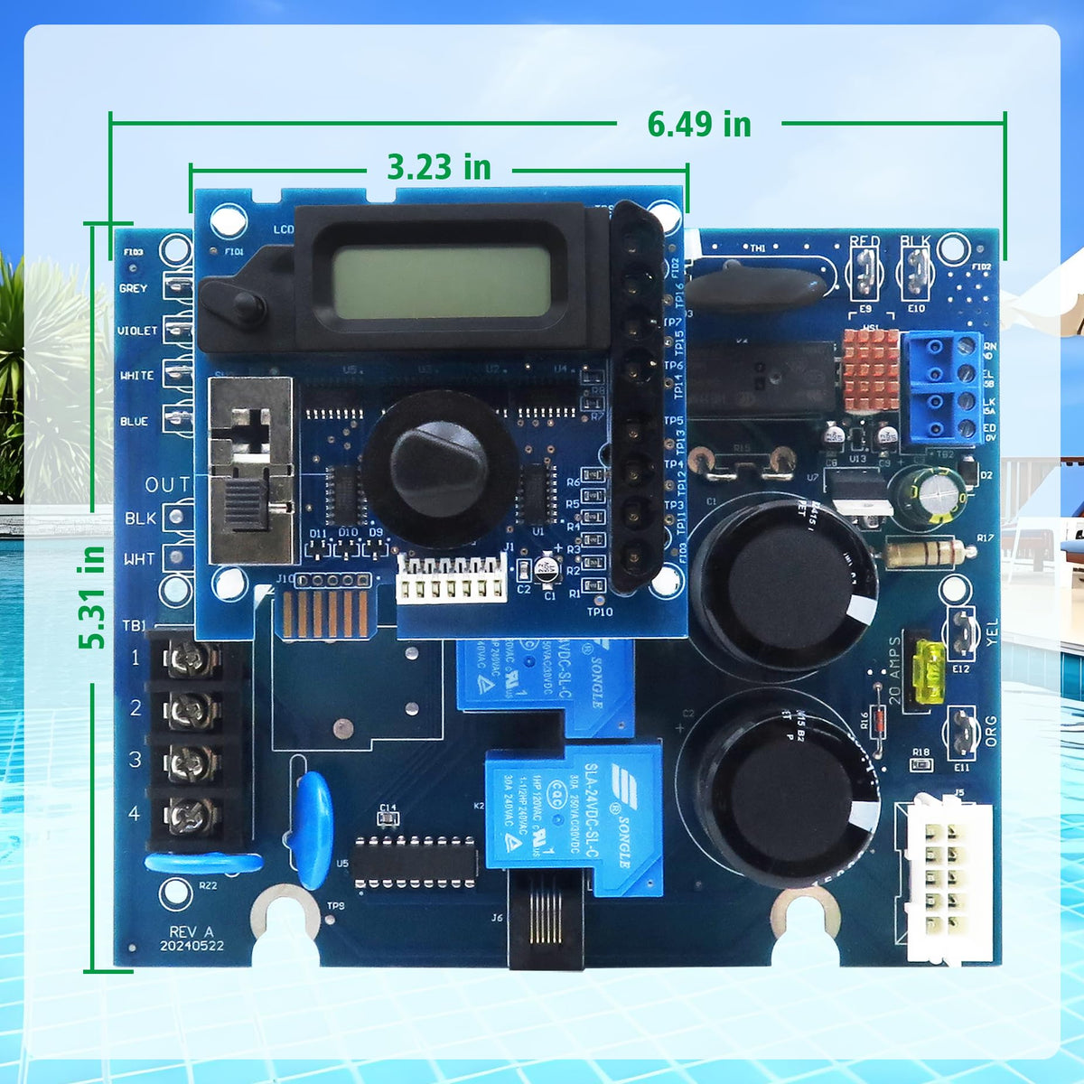 FOWBOA GLX-PCB-DSP display board showing clear pool system status
