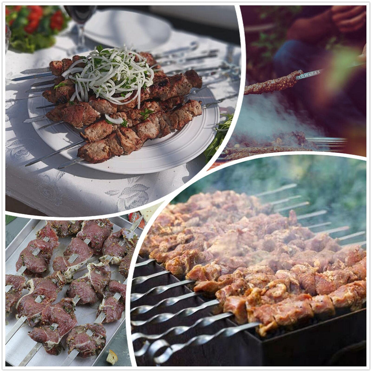 FOWUTAS ergonomic handle skewers help protect fingers during grilling.