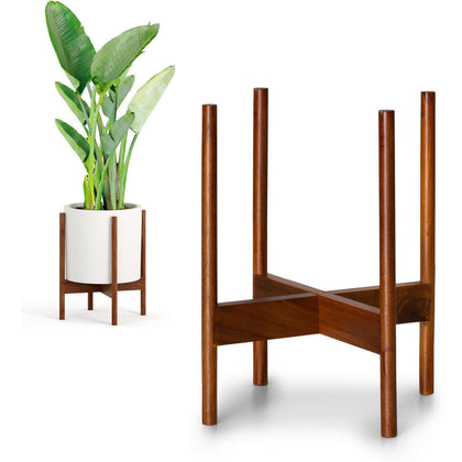 Fox and Fern mid century plant stand front view; supports pots up to 11.8 inches for stable display.