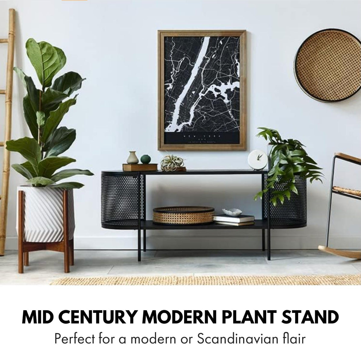 Fox and Fern mid century plant stand side view showing sturdy construction for indoor pots.